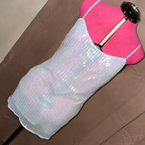 Iridescent Baby Blue Embroidered Sequin Backless Mini Dress